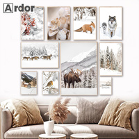Winter Scenery Canvas Painting Wolf Fox Dog Elk Animal Poster Forest Snow Print Nordic Wall Art Pictures Living Room Home Dec