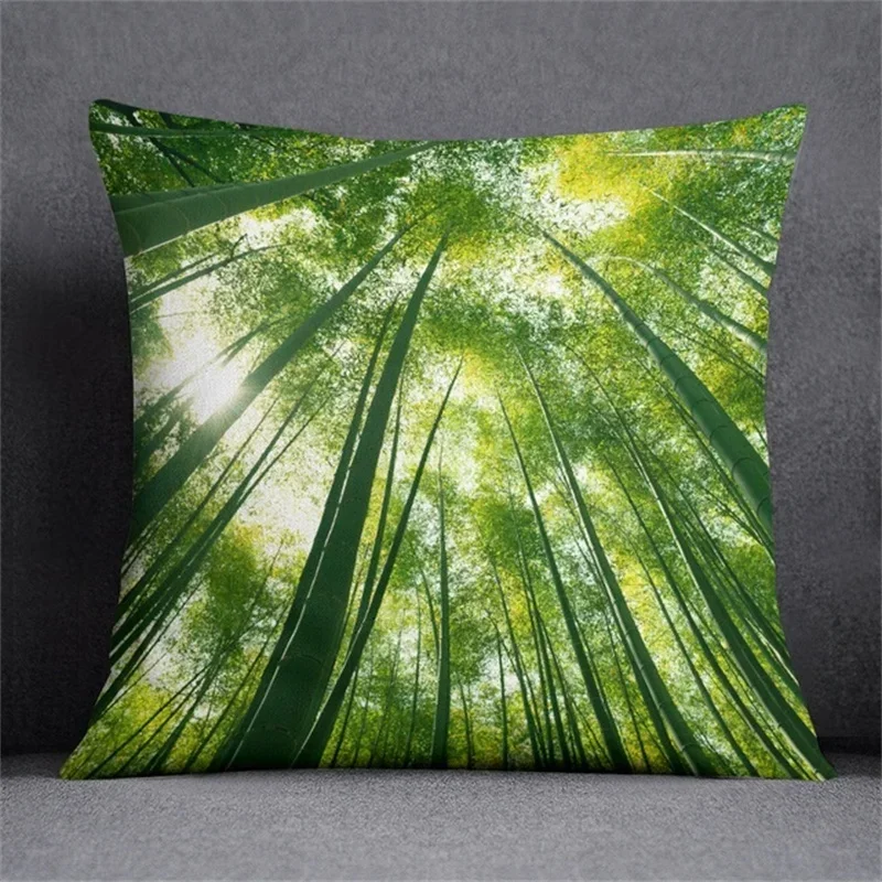 Fresh Green Bamboo Printing Pattern Cushion Cover for Home Living Room Sofa Decoration Square Throw Pillow