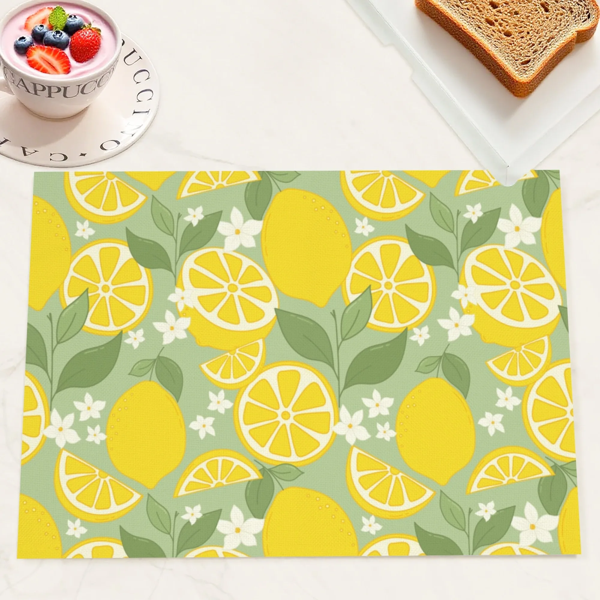 الصيف بعد الظهر وقت الشاي وجبة خفيفة تحديد الموقع الضوء الأخضر الليمون الأخضر ورقة وزهرة بيضاء عناصر الكرتون ديكور المطبخ حصيرة