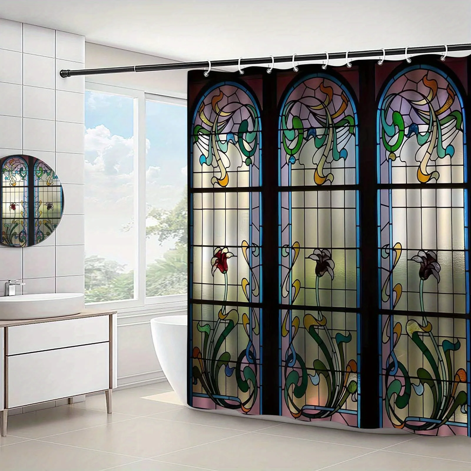 

Artistic Stained Glass Shower Curtain Waterproof Fabric Bathroom Curtain Retro Window Print Bath Screen Divider Home Decor