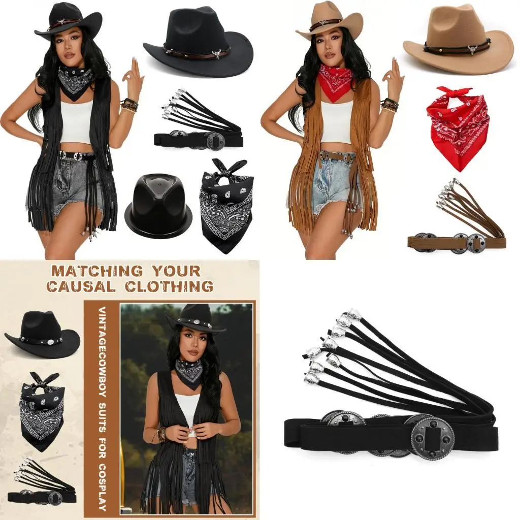 

652F 3Pcs Cowgirl Outfit Accessories Including Rodeos Hat Bandana For Wild Western Cosplay Event