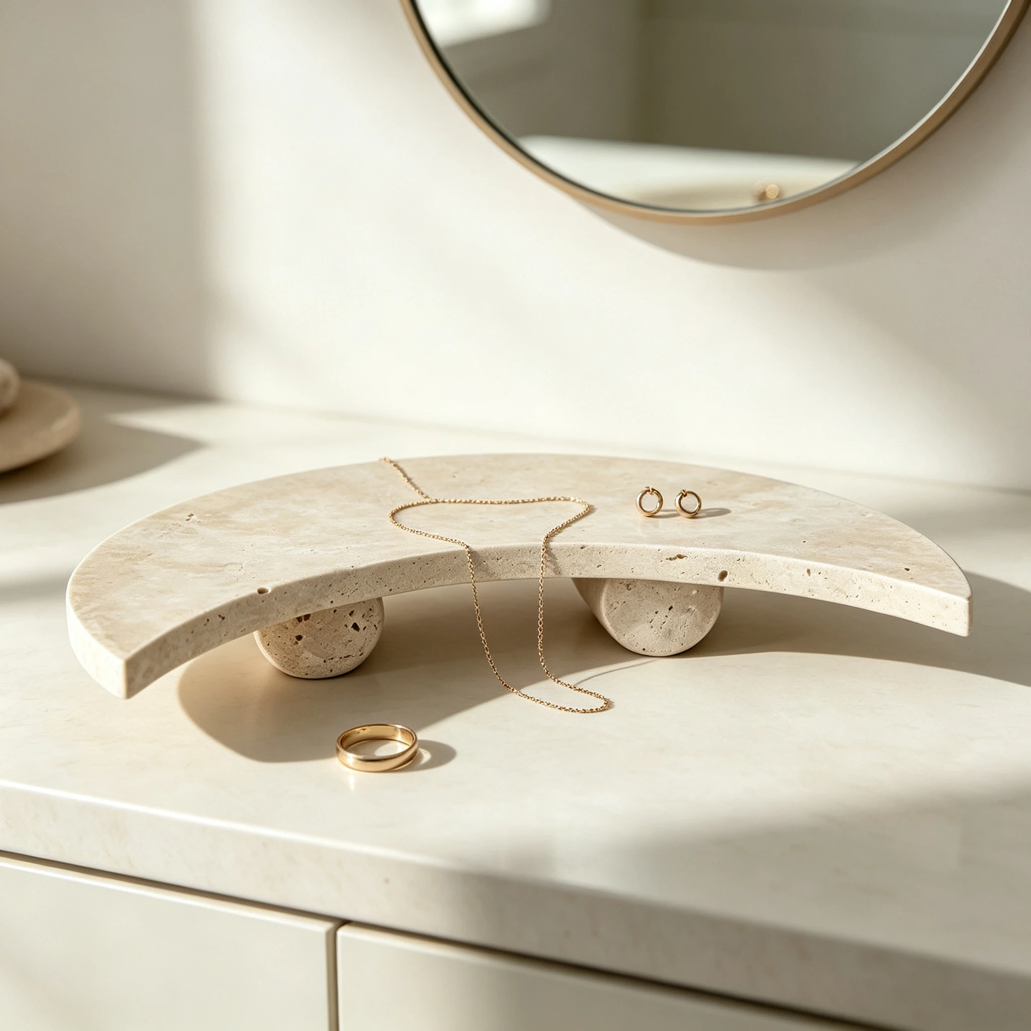Travertine Crescent Moon Elevated Tray Natural Stone Decorative Tray for Jewelry Cosmetic Fruit Candle Home Bathroom Table Decor