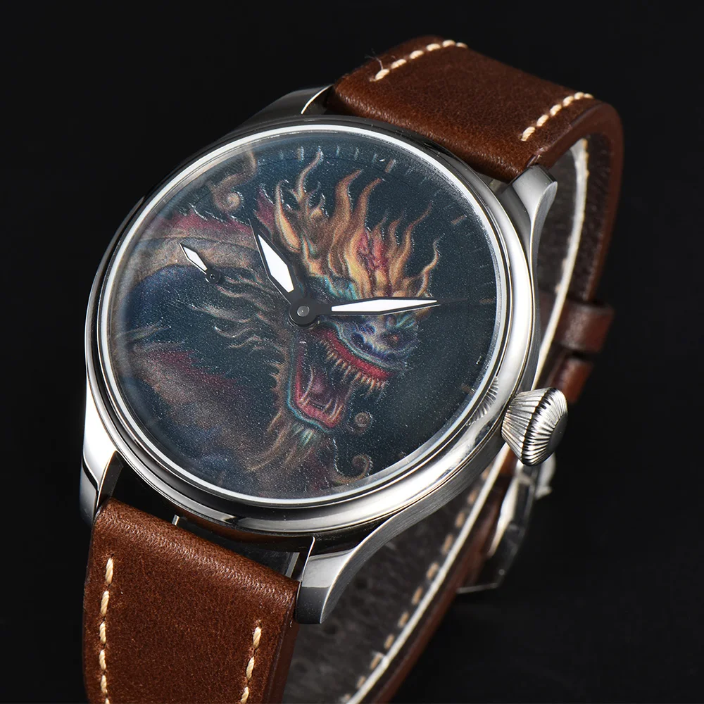 Parnis 44mm Hand Winding Mens Classic Dragon Drawing Dial Wrist Watch