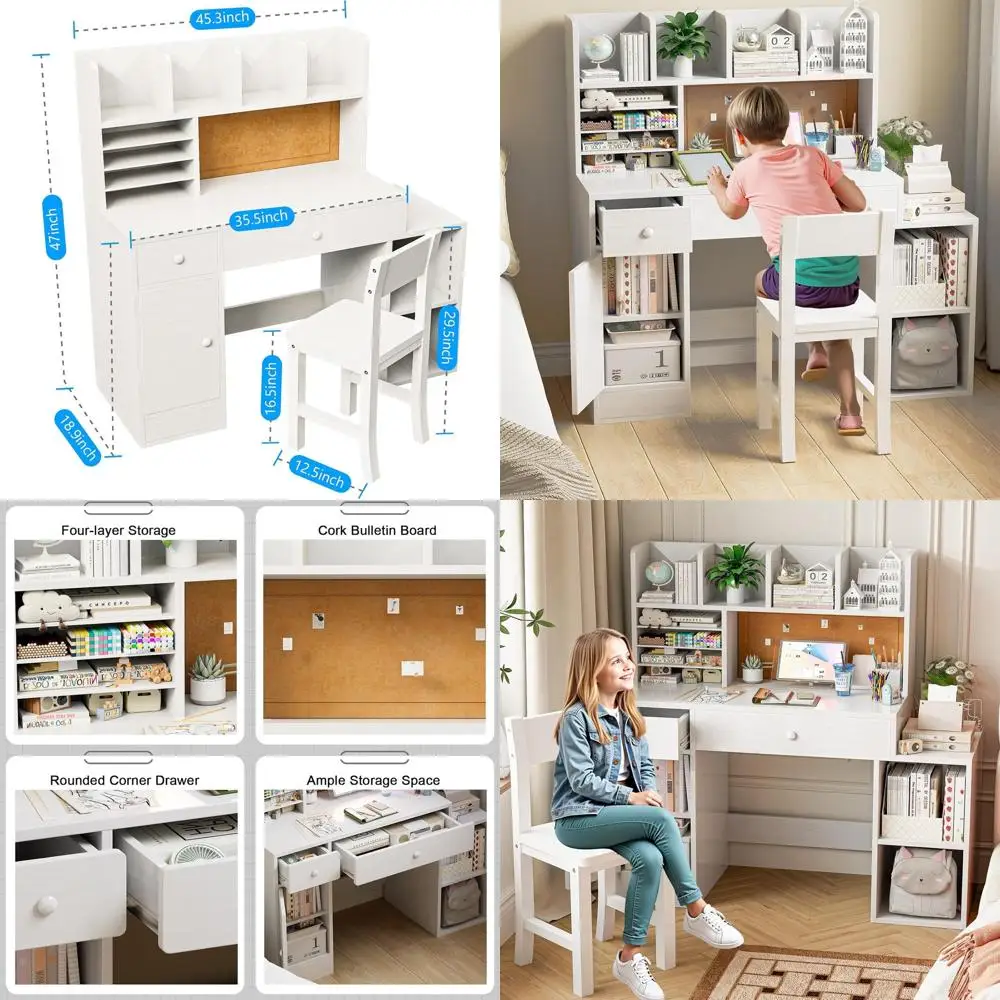 

White Wooden Kids Study Desk & Chair Set, 2 Drawers, 4 Cabinets, 4 Open Shelves, Ideal for Girls' Bedroom - 005