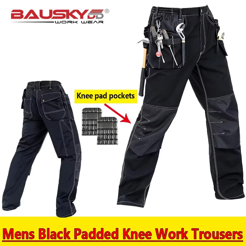 Bauskydd Mens Durable Mechanic Work Trousers Black Work Pants with EVA Knee Pads