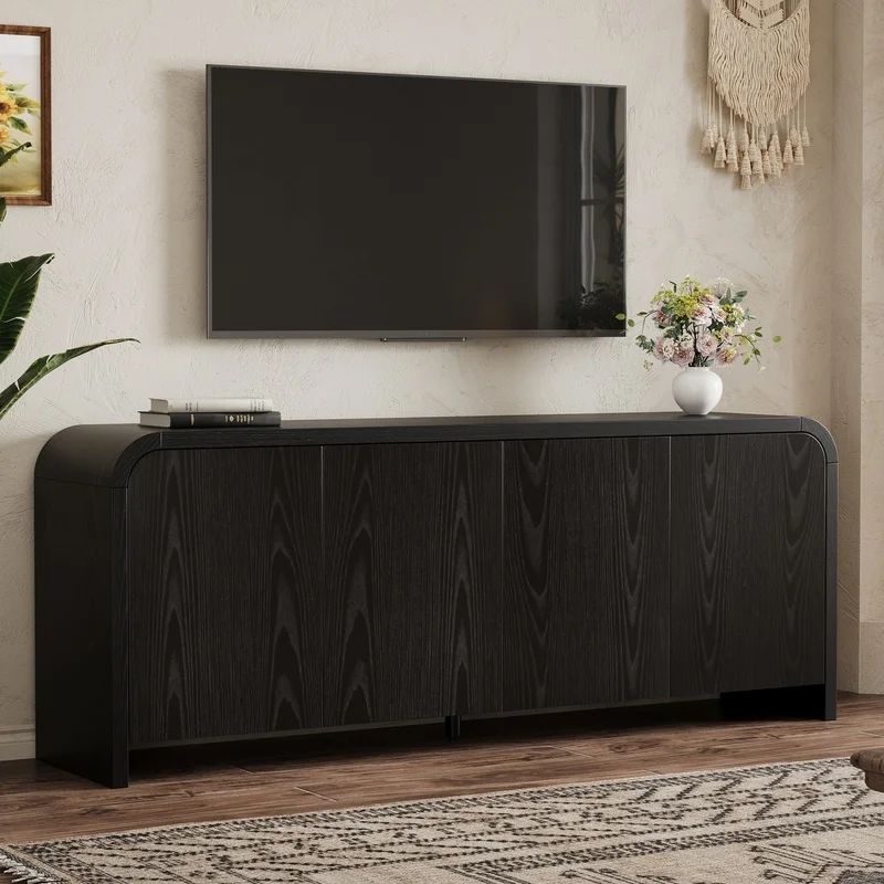 

Black Mid-Century TV Stand with Curved Edges, Large Cabinets for TVs up to 70", Adjustable Shelves, Cable Management, Minimalist Wood Grain Design
