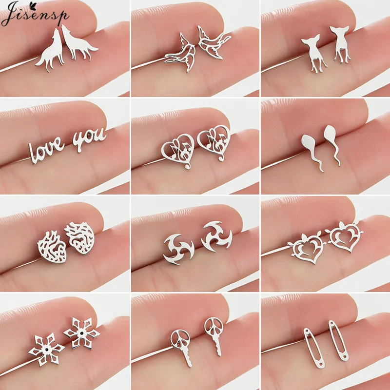 Pendientes pequeños de Metal para mujer, aretes de pasador de seguridad, lindo Golondrina, Lobo, música, corazón, Piercing de oreja, joyería de