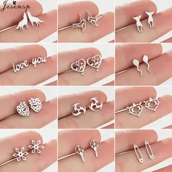 Tiny Metal Animal Stud Earrings Women Fashion Safety Pin Earings Cute Swallow Wolf Music Heart Ear Piercing Jewelry Unusual Gift