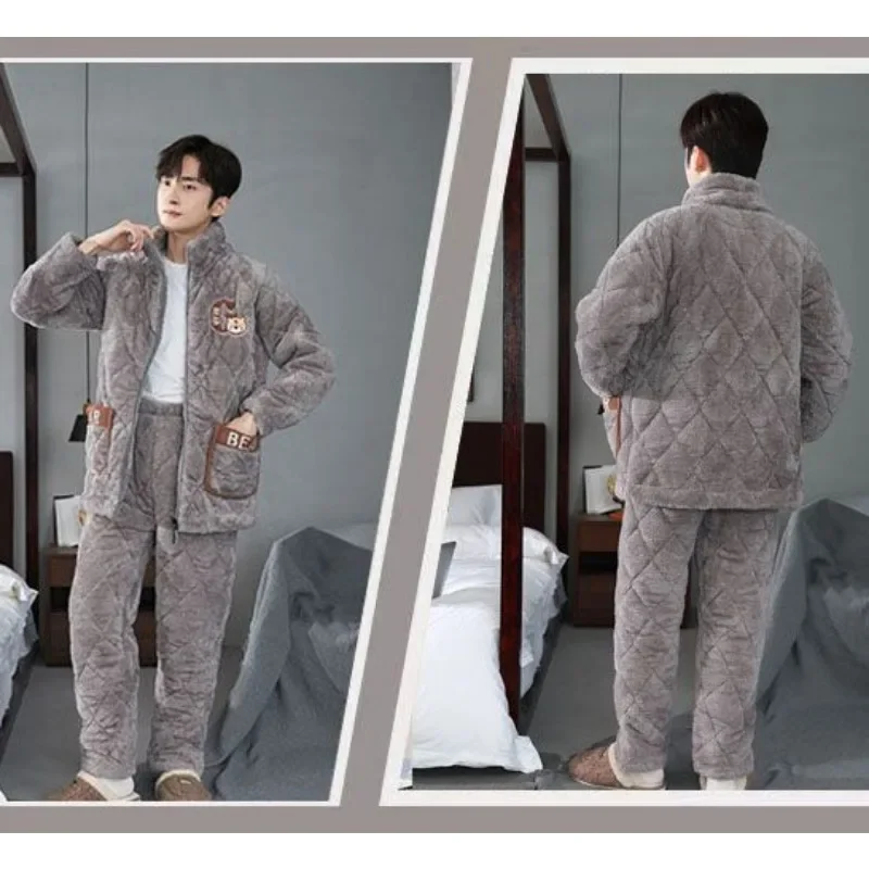 2024 New Pajamas Men\'s Winter Warmth Young Man Sleepwear Thick Piled Three Layers Cotton Flannel Homewear Zipper Loungewear