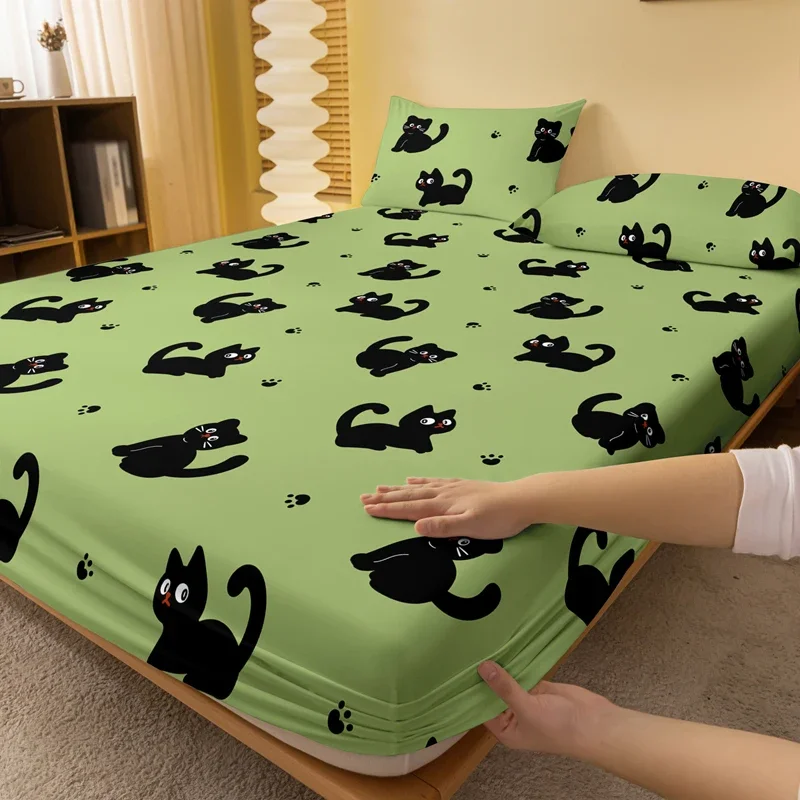Cartoon Cute animal cat printed matte Fitted Sheet, bedroom printed bed cover, bedding