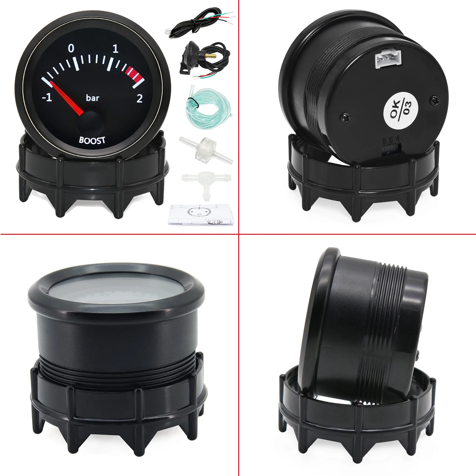 مقياس السيارات سباق درجة حرارة الماء درجة حرارة الزيت نسبة الوقود الهواء فولت الوقود 52 مللي متر 2 بوصة مع الاستشعار الأحمر وأشار-1 ~ 2 بار مقياس ضغط الزيت #2