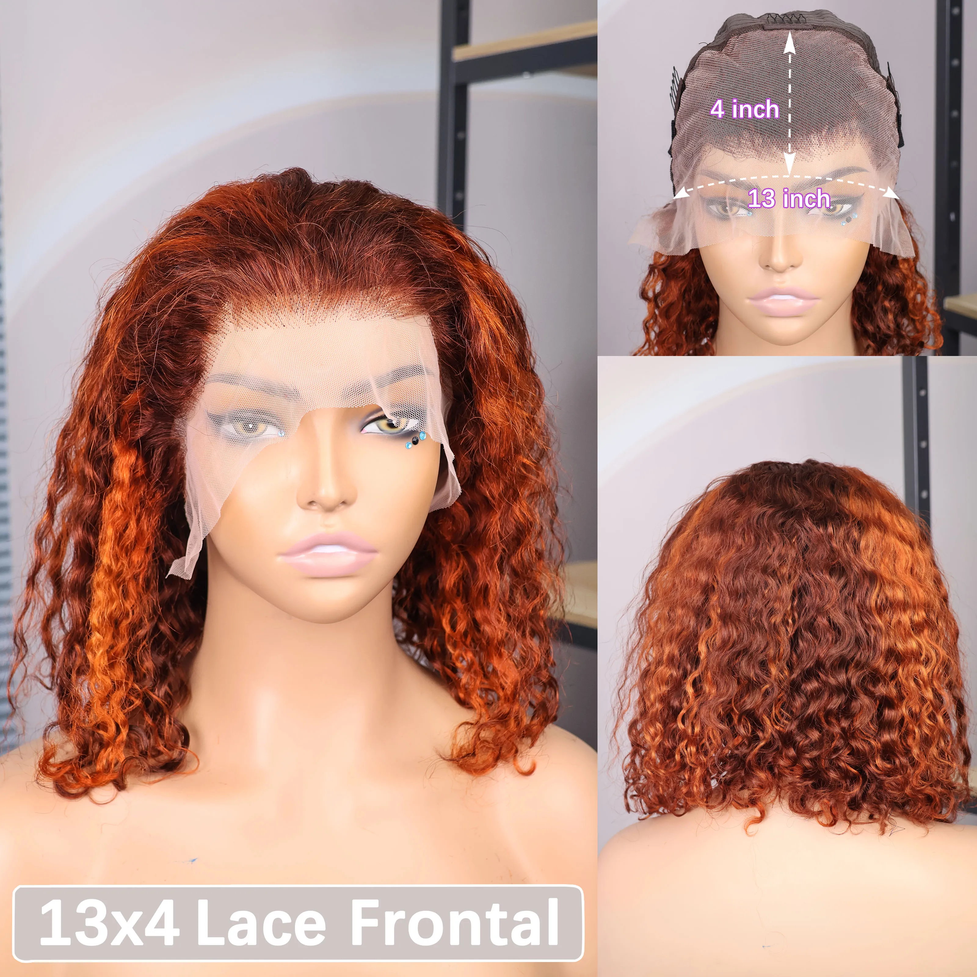 شعر مستعار بوب مجعد شعر بشري كثافة 200% # 4/350 13x4 أومبير الزنجبيل موجة عميقة قصيرة بوب شعر مستعار الدانتيل أمامي باروكة من شعر طبيعي للنساء