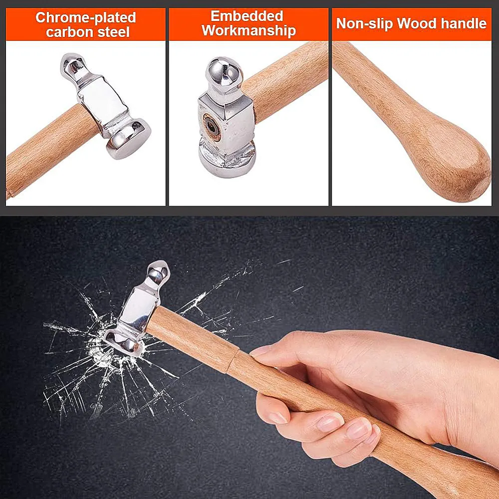 Wooden Handle Double-Sided Jewelry Hammer Domed Flat Face Forging Tool for Gold Silver Metalwork Texture Crafting