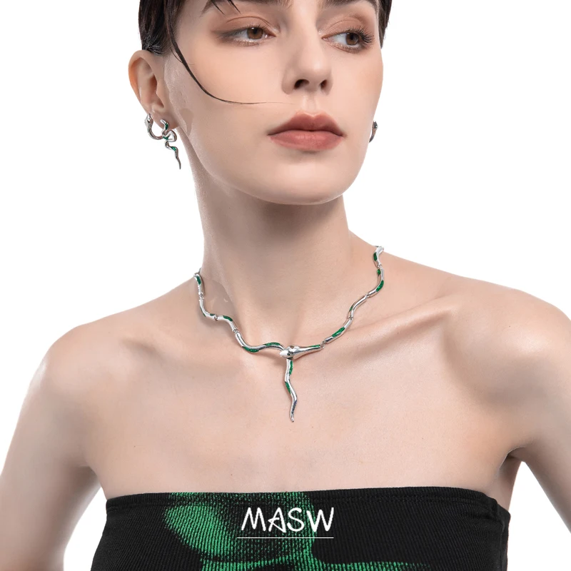 MASW High Quality Metal Snake Necklace 2022 New Trend Cool Thick Silver Plated Green Choker Necklace For Women Jewelry Gifts