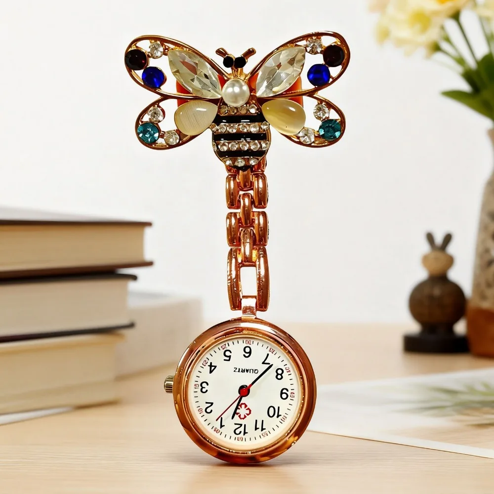 

Cartoon Bee Nurse Hanging Pocket Watch Portable Male Female Student Chest Pin Table Watch Butterfly Design for All Ages