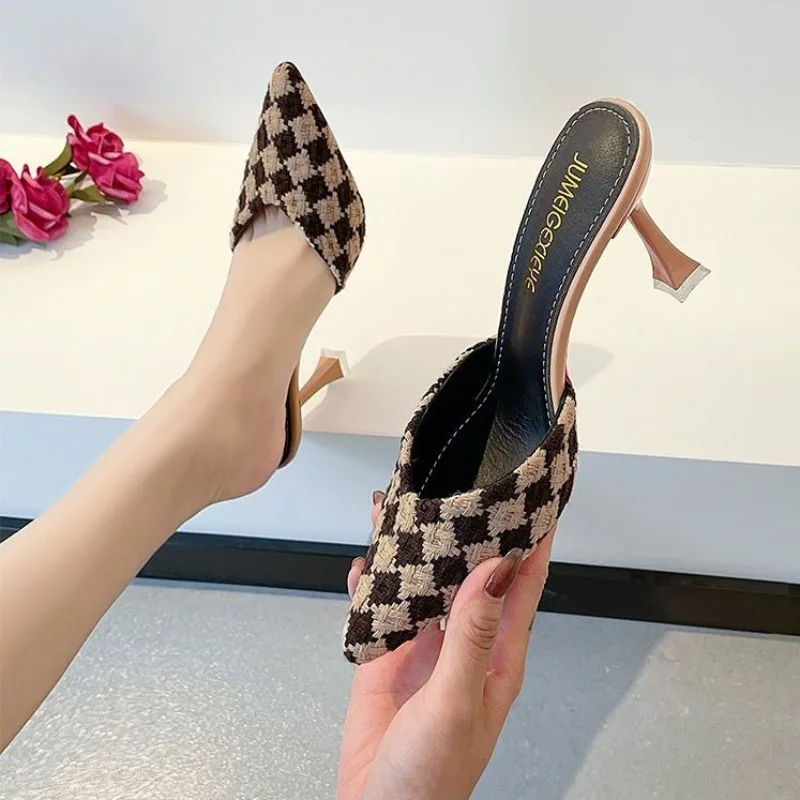 Women's Spring Summer Closed Toe Stiletto Heel Mules Woven Style Elegant Fashionable Versatile Outdoor Wearable view 6