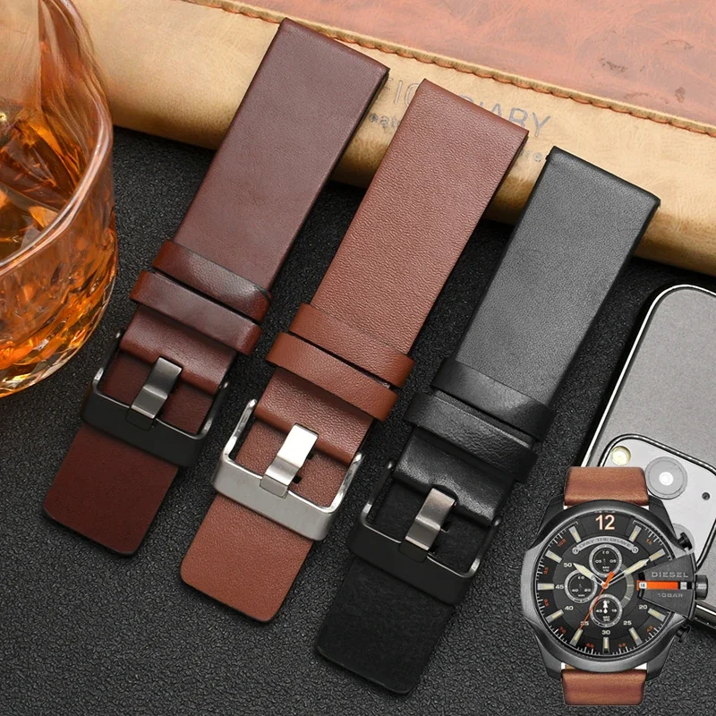 For Diesel Genuine Leather Anti-Allergy Watch Strap Cowhide Men Women's Black Brown Dz7332 Dz7314 Dz7311 Series Accessories