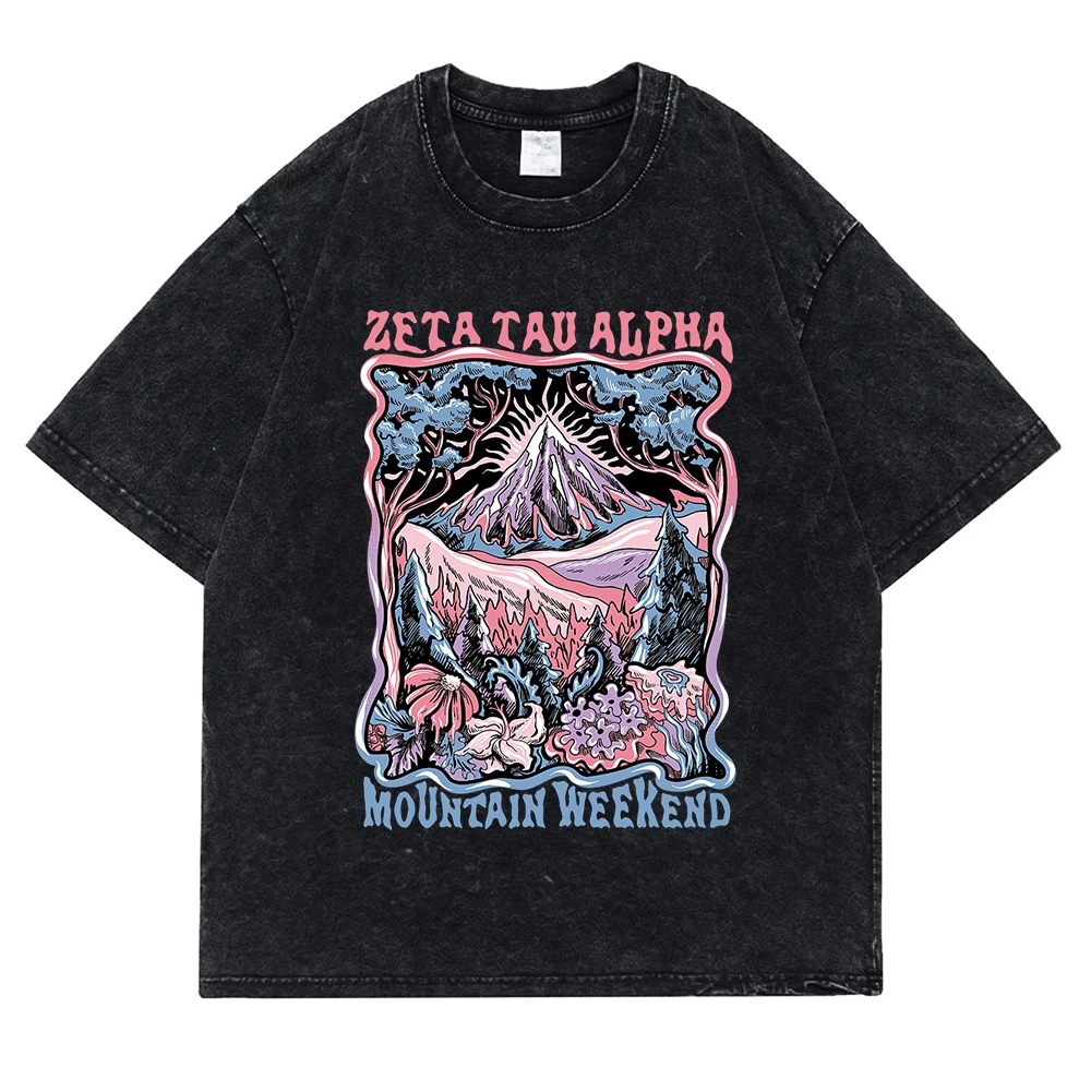 Zeta Tau Alpha Mountain Weekend Washed Retro Snow Mens Cotton O-Neck T-Shirt Summer Loose Oversize Clothing Breathable T-Shirts