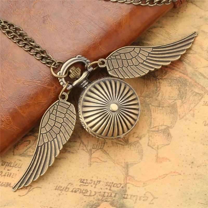 Vintage Style Mini Size Round Shape Pocket Watch with Wings Quartz Clock for Men Women with Necklace Chain Arabic Number Dial