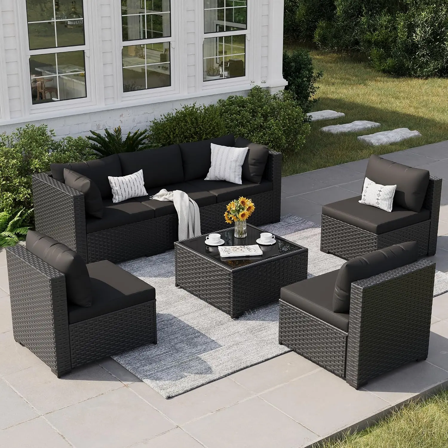 7-Piece Outdoor Wicker Sectional Sofa Patio Set Black, Customized