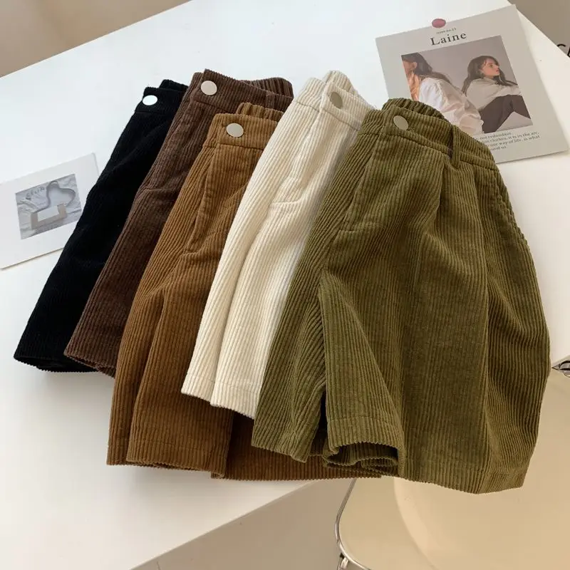 

2024 Spring Women Corduroy Large Size Solid Color Elastic Waist Wide Legged Pants High Waisted Appear Thin Loose Casual Shorts