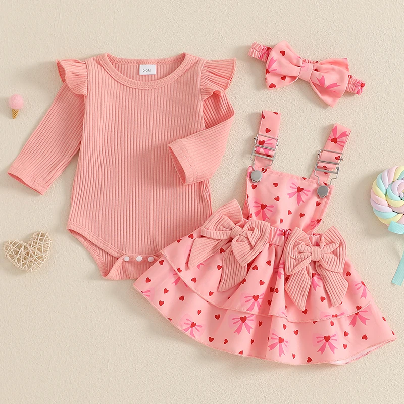 3pcs Valentines Day Fashion Toddler Baby Girl clothes set Long Sleeve Romper Heart Suspender Skirt + Headband Outfit set clothes