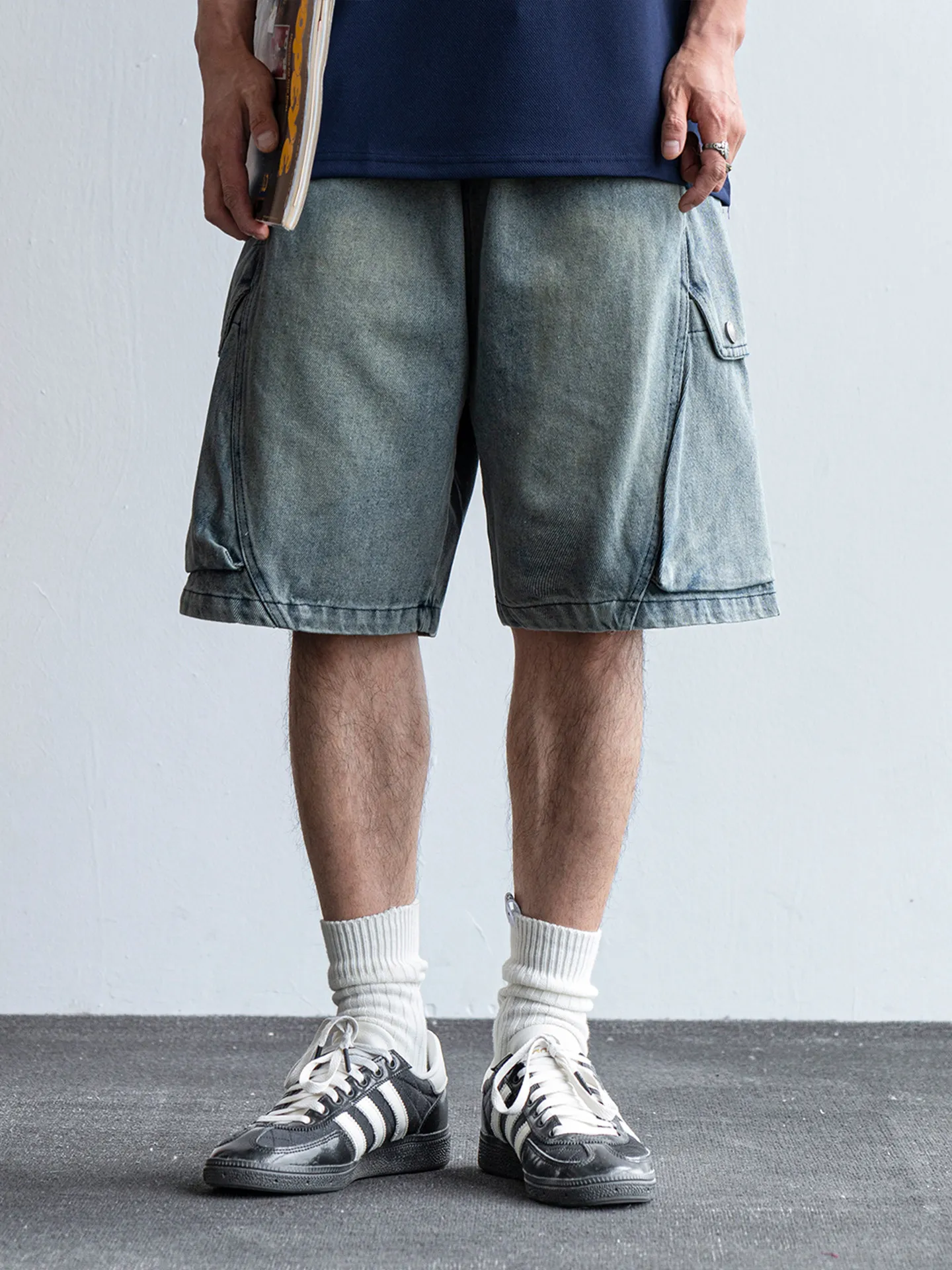 Retro American Washed Men's Denim Shorts Summer Trendy Five-Point Loose Casual Mid-Waist Jeans Loose Fit Classic Style