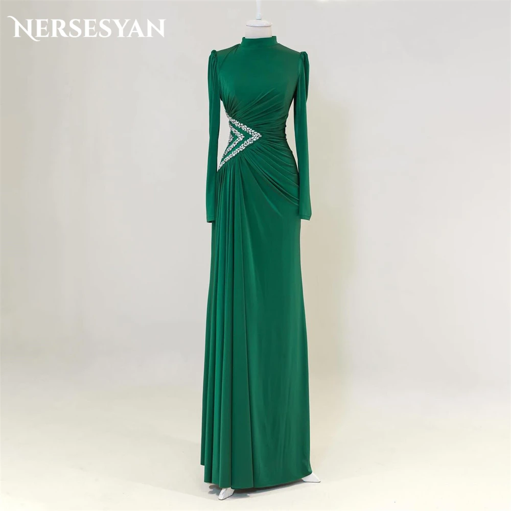 

Nersesyan Solid Muslim Glitter Formal Evening Dresses High Neck A-Line Cap Sleeves Prom Dress For Wedding Beading Party Gowns