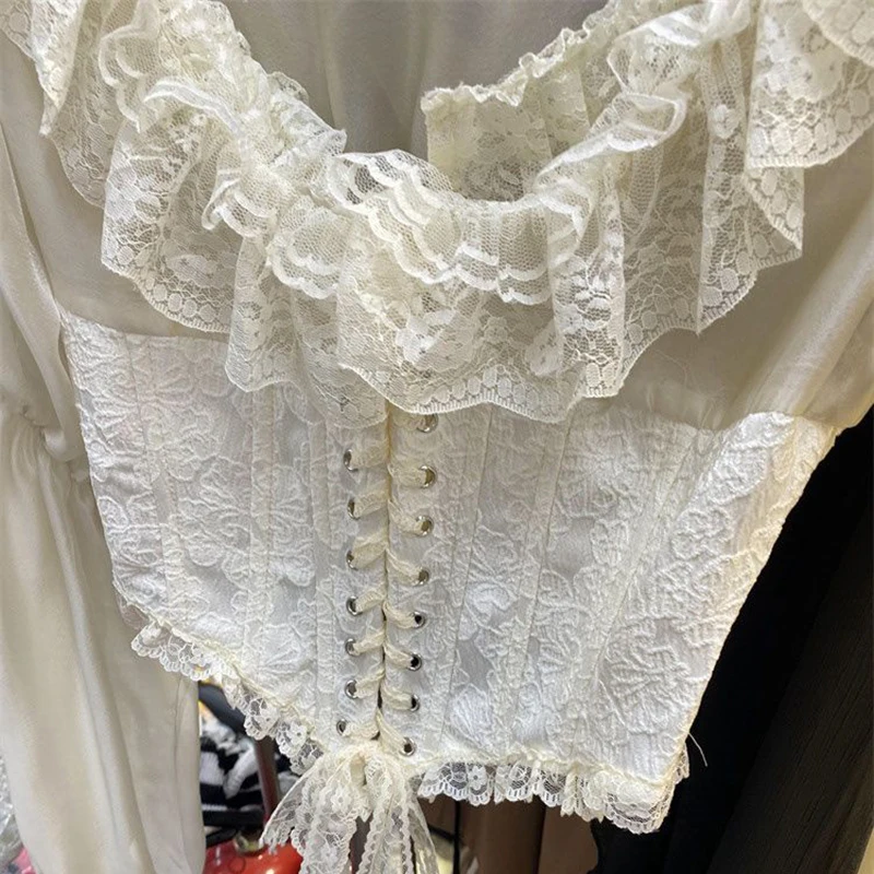 Blusa Elegante de Encaje con Parches para Mujer, Blusa de Gasa Transparente con Cordones en la Cintura, Estilo Princesa, Primavera-Otoño, Estilo Corte, Top Sexy