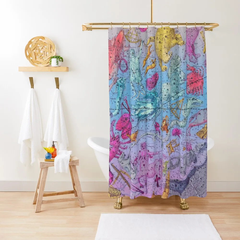

Pastel Zodiac - Vintage Astral Constellations Shower Curtain For Bathroom Shower Bathroom Anime Shower Elegant Bathroom Curtain
