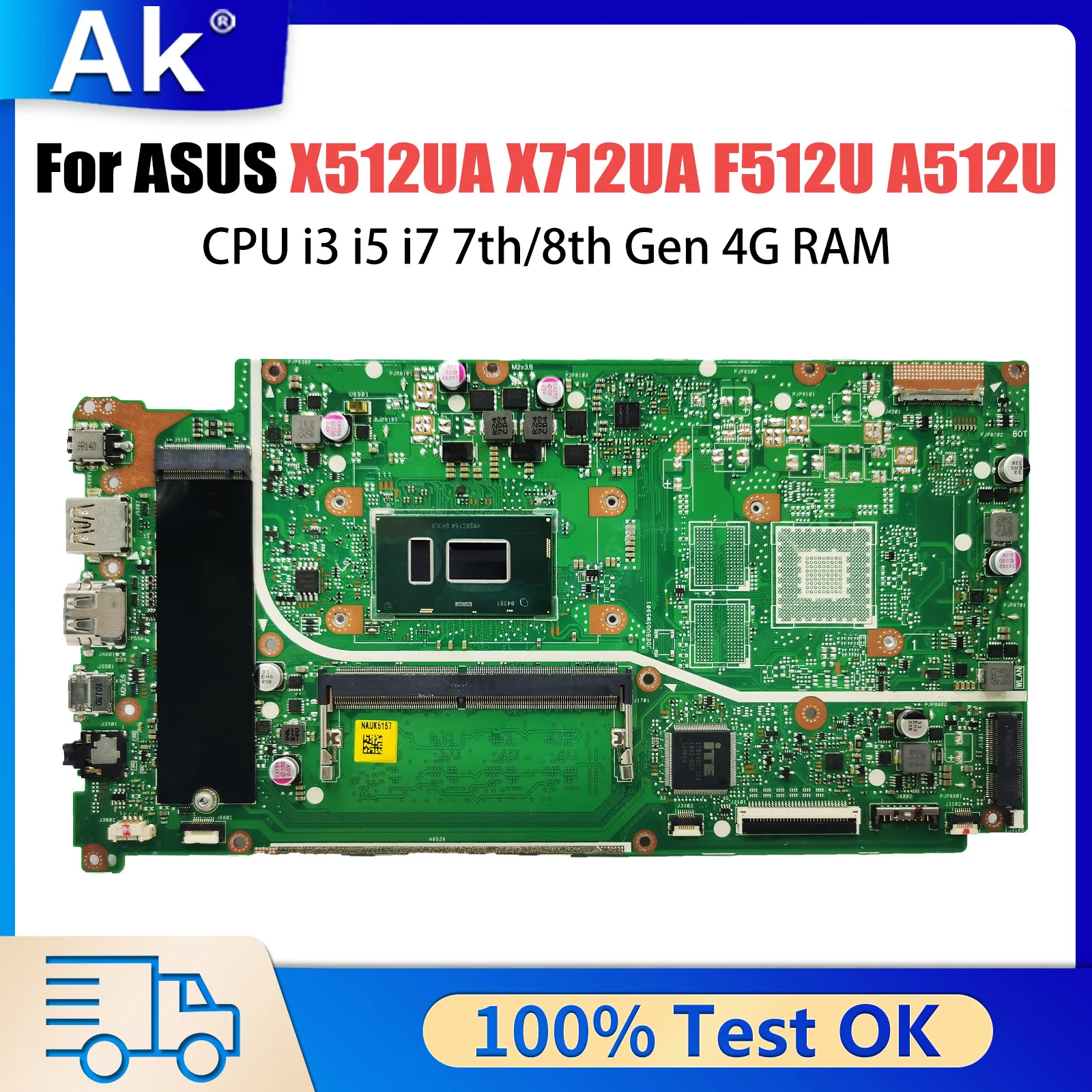 

X512UA Mainboard For ASUS X712UA F512U A512U Y5100U V5000UA X512UB X512UF Laptop Motherboard CPU i3 i5 i7 7th/8th Gen 4G RAM