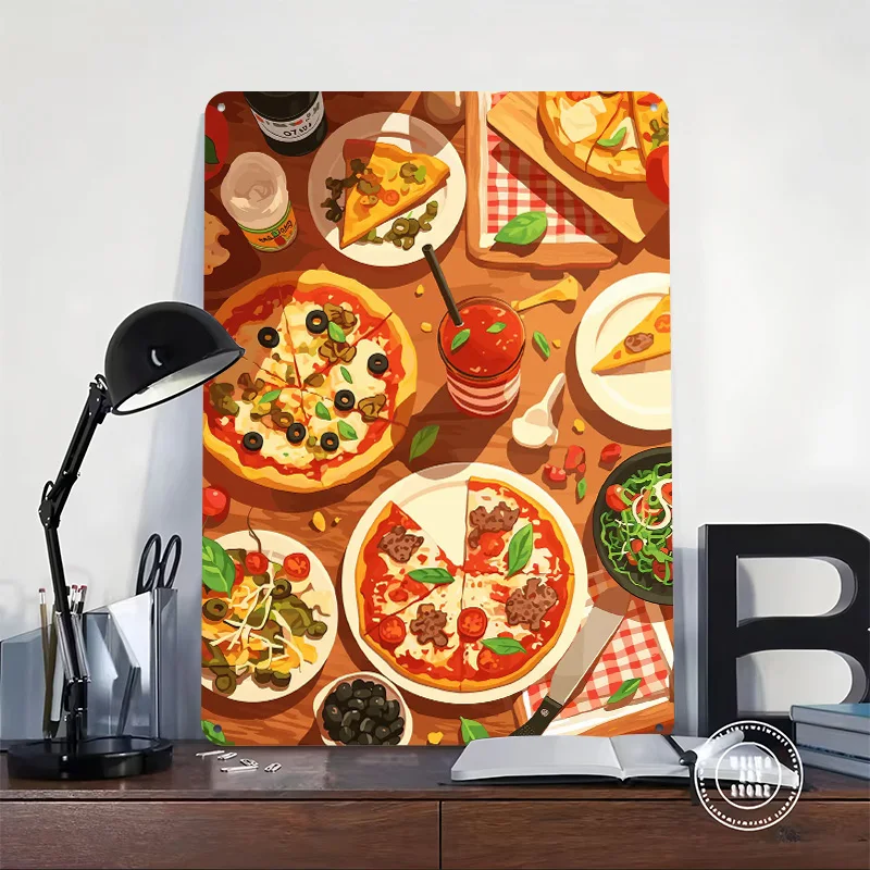 Pizza Feast Still Life Illustration Tin Plaque Poster Customized Retro Wall Art Vintage Metal Signs for Room Bar Accessories