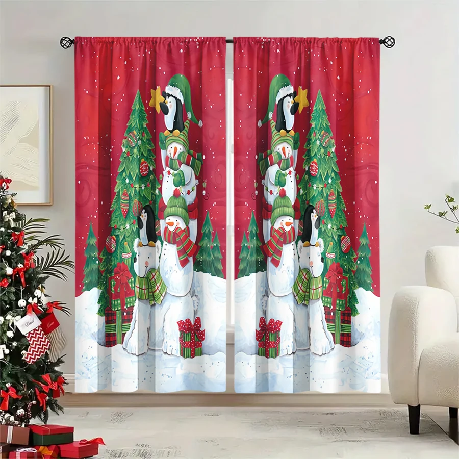 2PCS Christmas Winter Curtains, Animal Stack Penguin Snowman Bear Tree Red, Digital Print, Bedroom Living Room, Home Decor