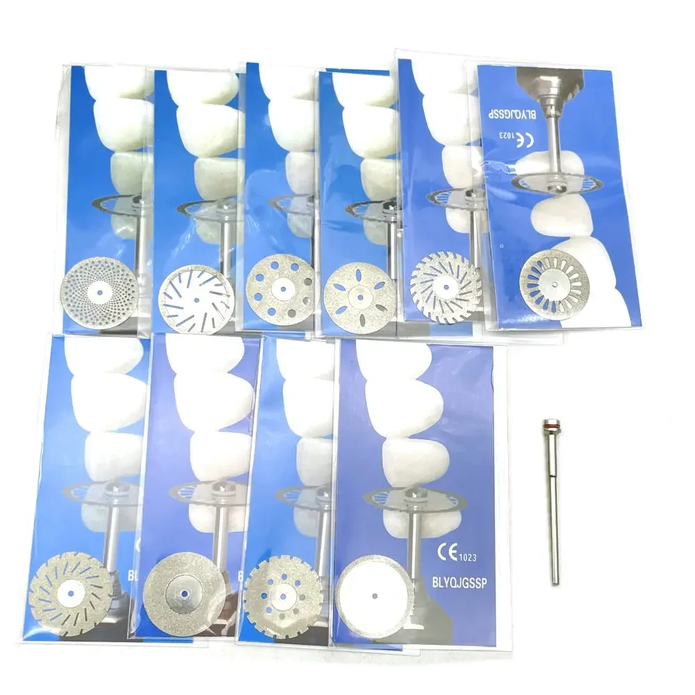 10pcs Dental lab 0.25mm Double Sided Diamond Cutting Disc for separating polishing ceramic crown plaster or jade with 1 mandrel