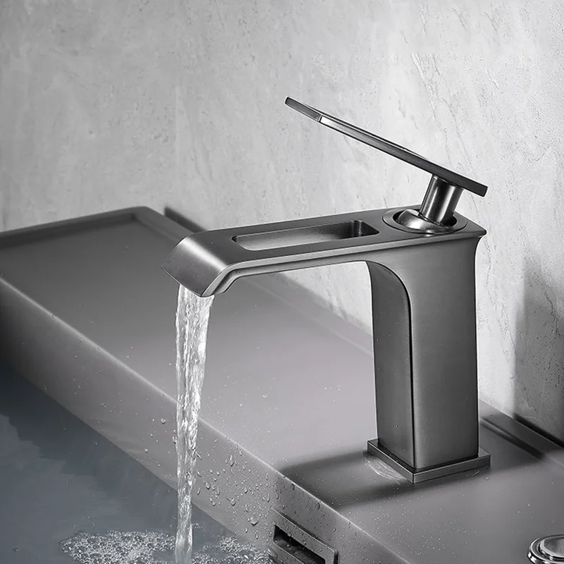 

Light Luxury Gun Grey Waterfall Undercounter Basin Faucets Single Handle For Metal Bathroom Sink Taps Hot And Cold Water Mixing