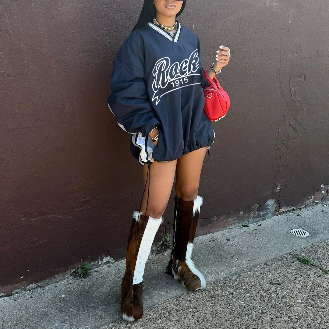 

Letter Printed Extra Large Sweatshirt Women's Casual V-neck Long Sleeve Drawstring Loose Top 2025 Spring Harajuku Streetwear