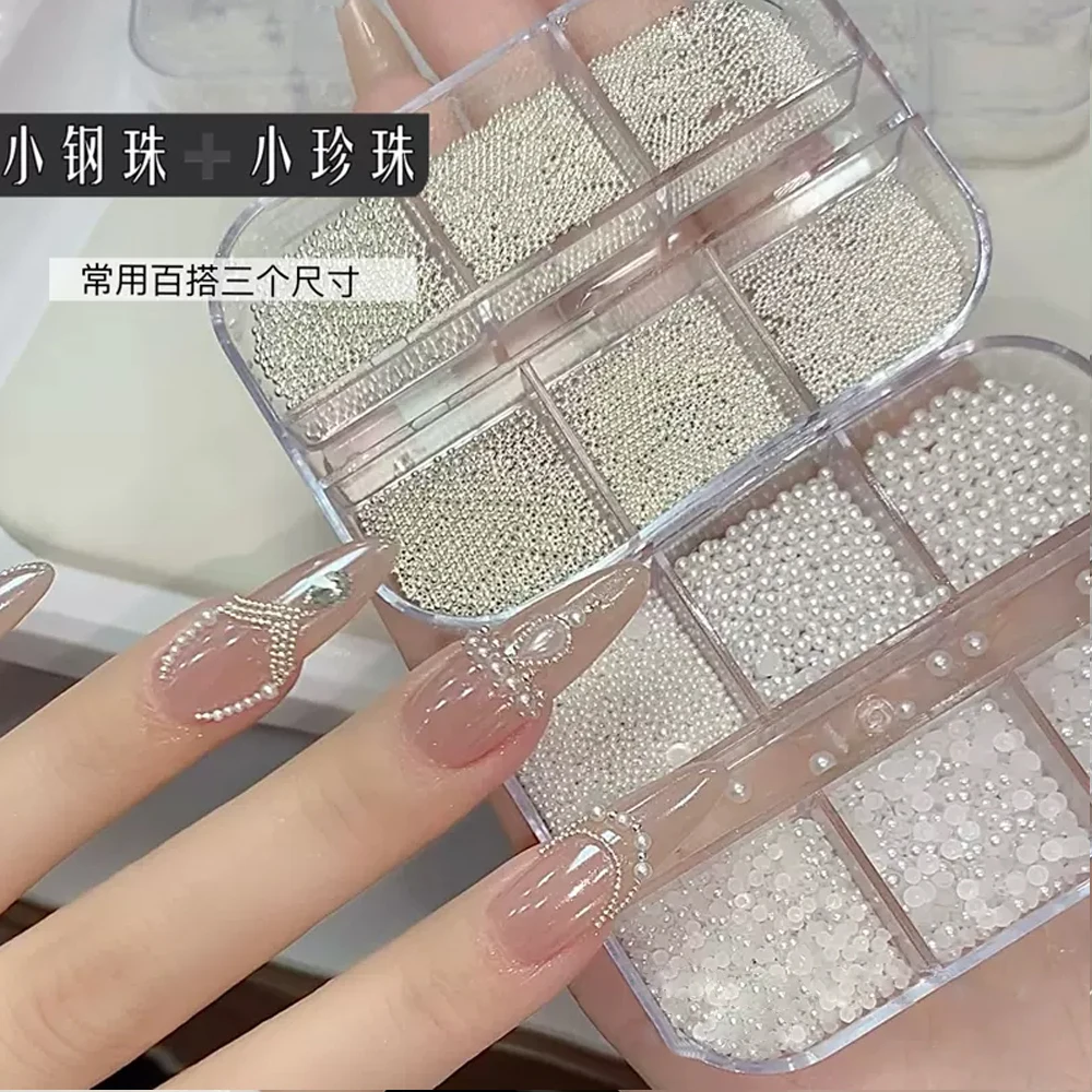 

About 3000 Pcs Pearl+steel Balls Set Nail Charm White Half Round Pearl 1/1.2mm Steel Ball DIY Fairy Nail Art Jewelry Accessories