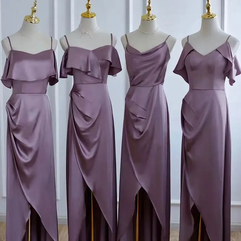 Purple Satin Bridesmaid Dress 2023 New Elegant Women's Spliced Solid High Slit Vestido Floor Length A-Line Backless Prom Dress