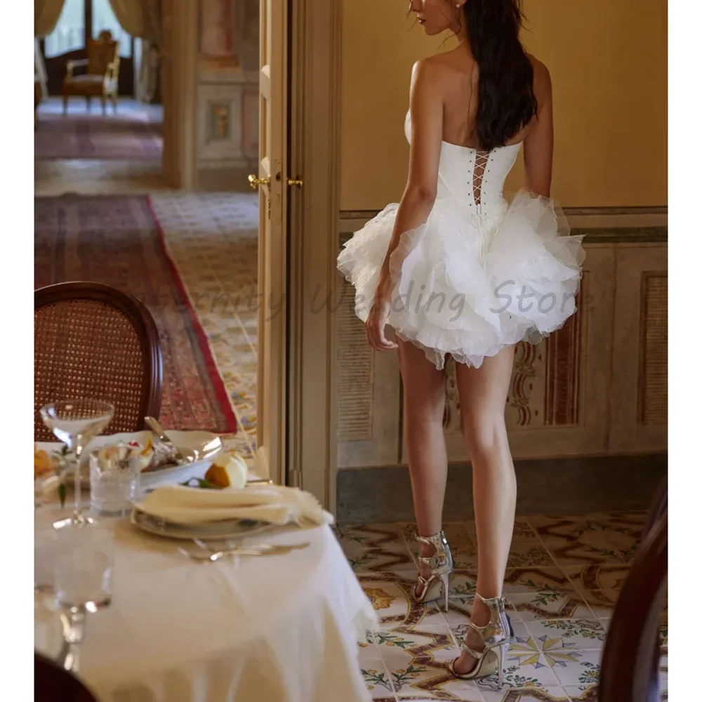 White Strapless Short Wedding Dress with Deep V Corset Bodice & Tiered Tulle Skirt Bridal Mini Gown