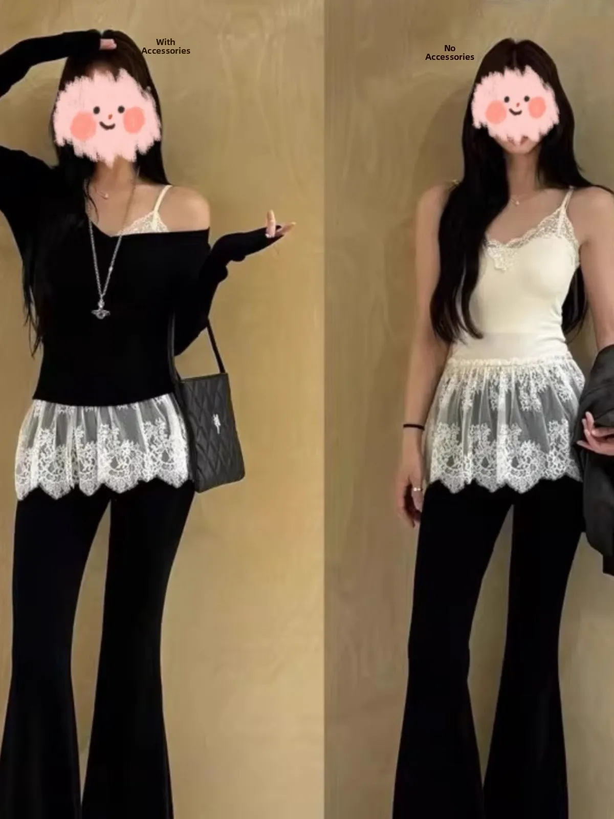 White Large Size V-Neck Lace Trim Sleeveless Tank Top Women's Inner Wear Tulle Overlay Bell Bottoms Commute Style  Color