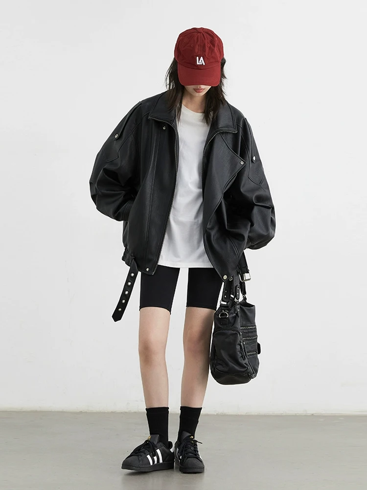 CHIC VEN Fashion Women PU Jacket Loose Retro Motorcycle Faux Leather Quilted Thick Coat Female Overcoat Autumn Winter 2025