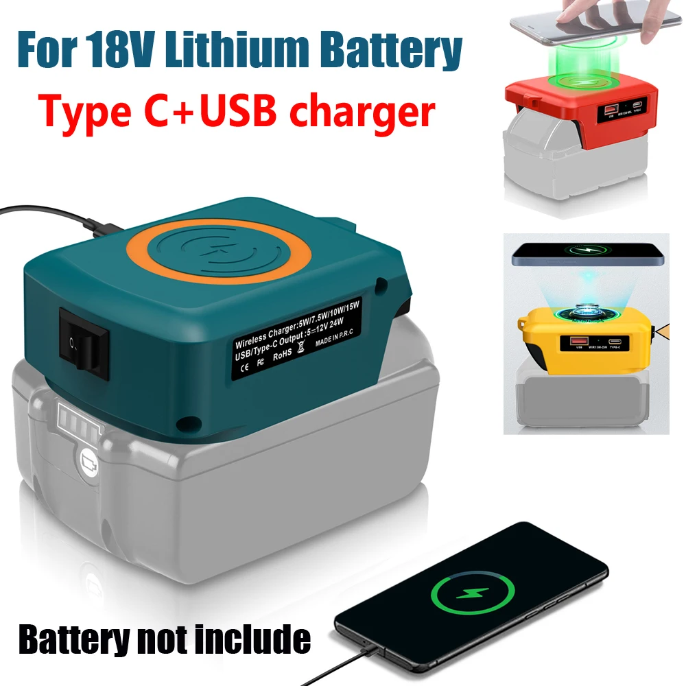 

For Makita/Dewalt/Milwaukee 18V Li-ion Battery Wireless Phone Charger USB Adapter With Type-C Charger Portable Power Converter