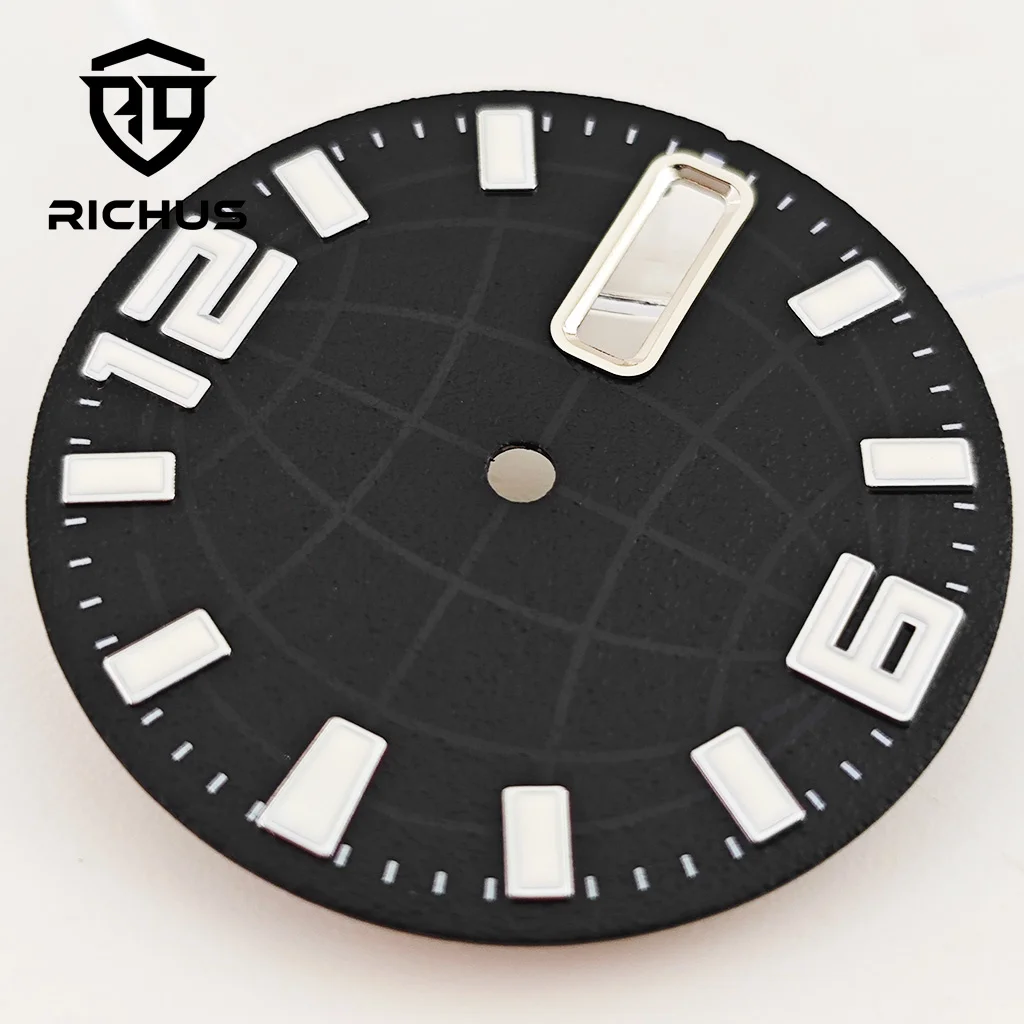 Циферблат часов RICHUS NH36 Черный циферблат 28,5 мм ​   Зеленый светящийся циферблат, подходит для механизма NH36, 3-часовая заводная головка, заводная головка на 3,8 часа