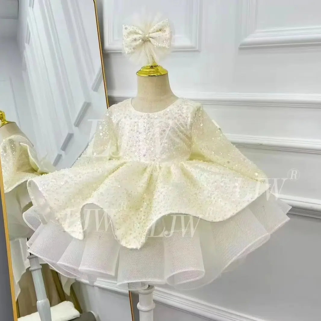 New Sparkle Sequin Long Sleeve Toddler Tutu Dress Kids Wedding Flower Girl Formal Gown Girl pageant Princess Dress 1st Birthday