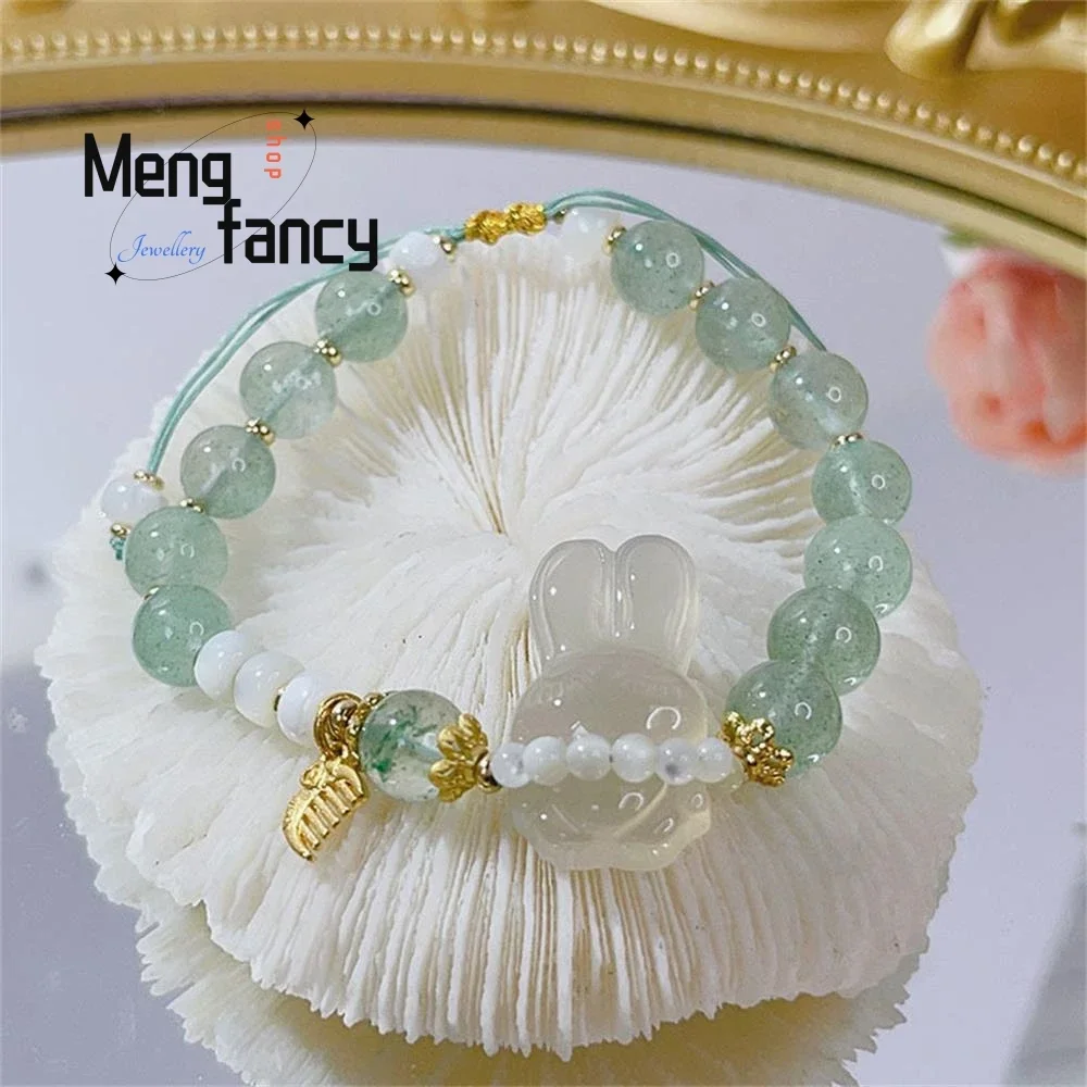 

New Green Strawberry Crystal Powder Crystal Female Minority Design Jade Rabbit Bracelet Exquisite Fashion Jewelry Holiday Gifts