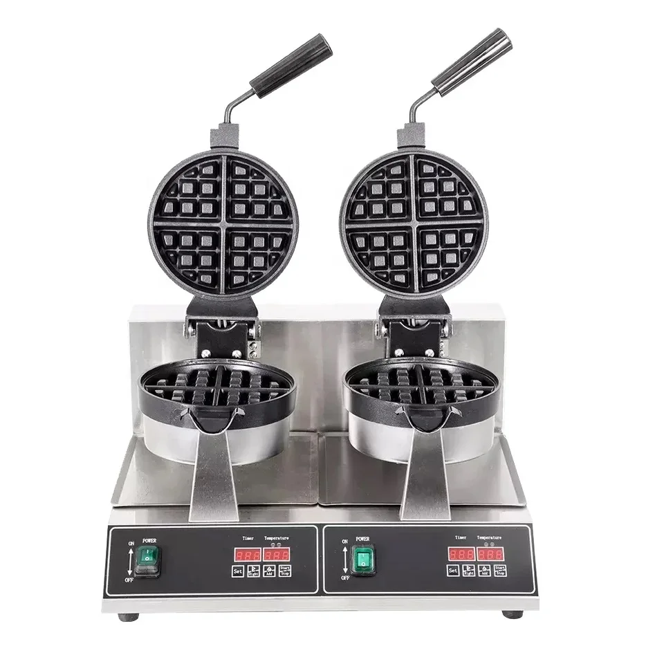 Digital Double Rotary Belgian Waffle Maker Machine 2600W Round Stainless Steel Waffle Cone Baker Commercial Waffle Roaster