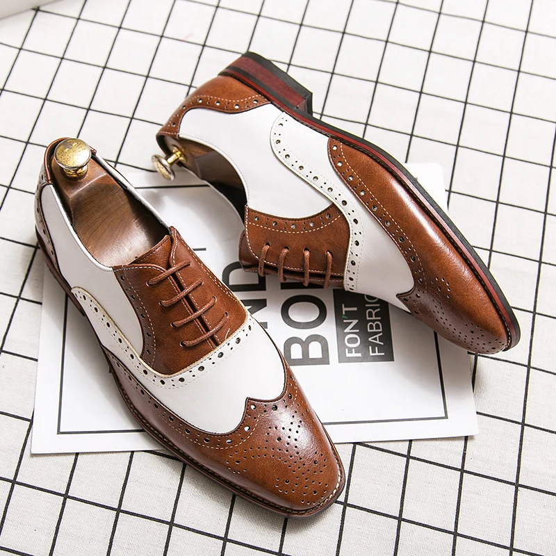 Italian brand brown white mixed block shoes men\'s high quality dress shoes business office shoes leather loafers big size:38-48