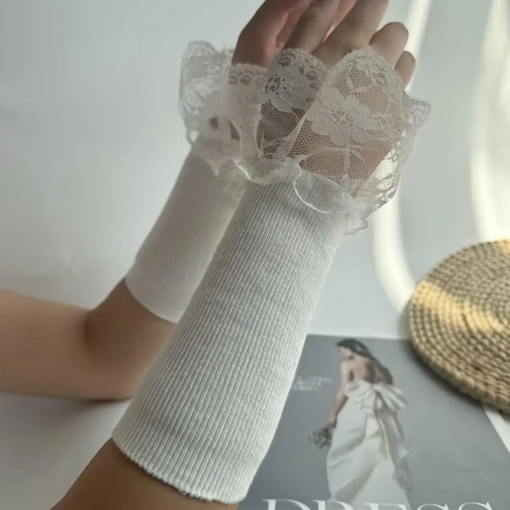 1 زوج انفصال الدانتيل الأصفاد محبوك الدانتيل زهرة متوهج أكمام أذرع تبريد الدافئة الصوفية Ruched كاذبة الأصفاد سترة بلوزة تدفئة المعصم #5