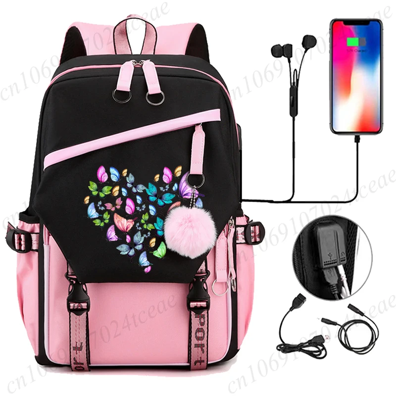 

Student Backpack Butterfly Heart Cartoon Rucksack Girls School Bag Usb Port Women Backpack Female Cute Leisure Travel Mochilas