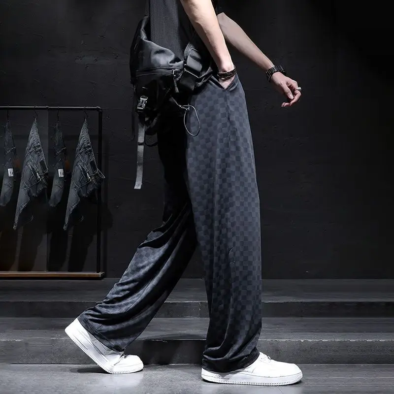 市松模様プリントパンツ男性ストレートルーズ大きいサイズ夏のアイスシルクパンツワイドレッグ巾着ストレッチスポーツズボン